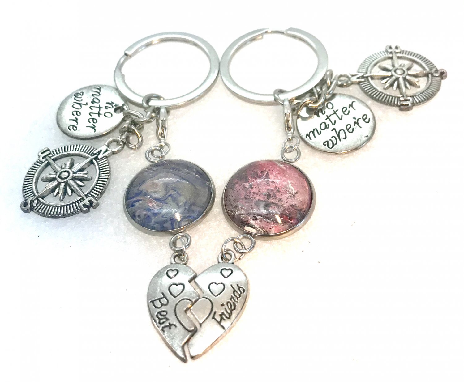 Handmade pair of Keychains Best Friends no matter where with charms