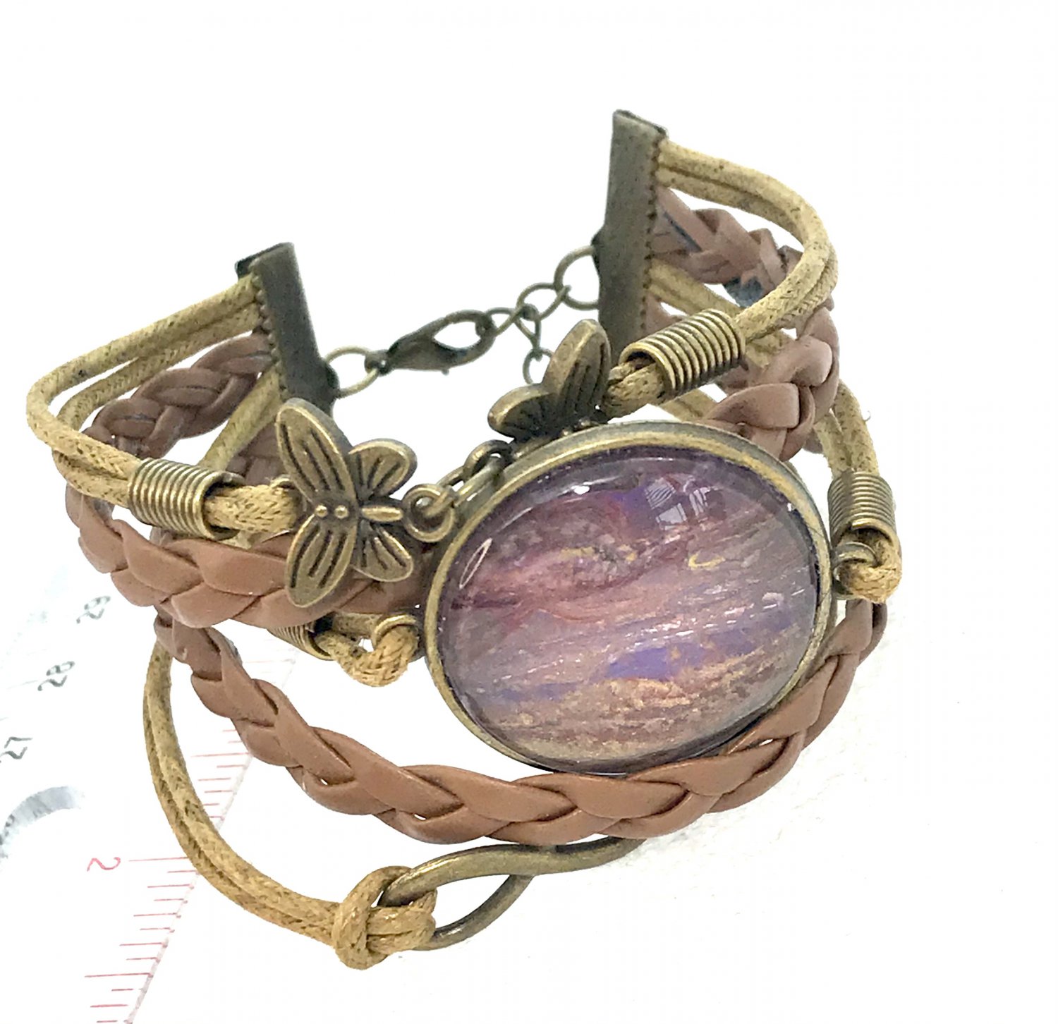 Bracelet leather with charms handmade dome 25mm lobster clasp