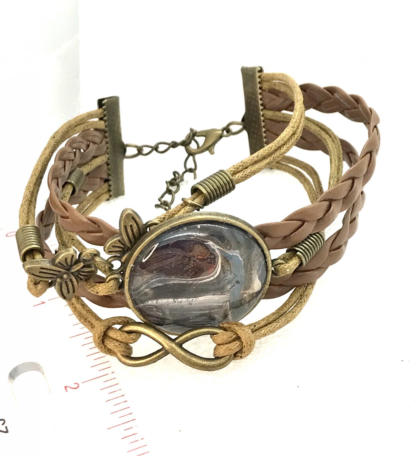 Bracelet leather with charms handmade dome 25mm lobster clasp