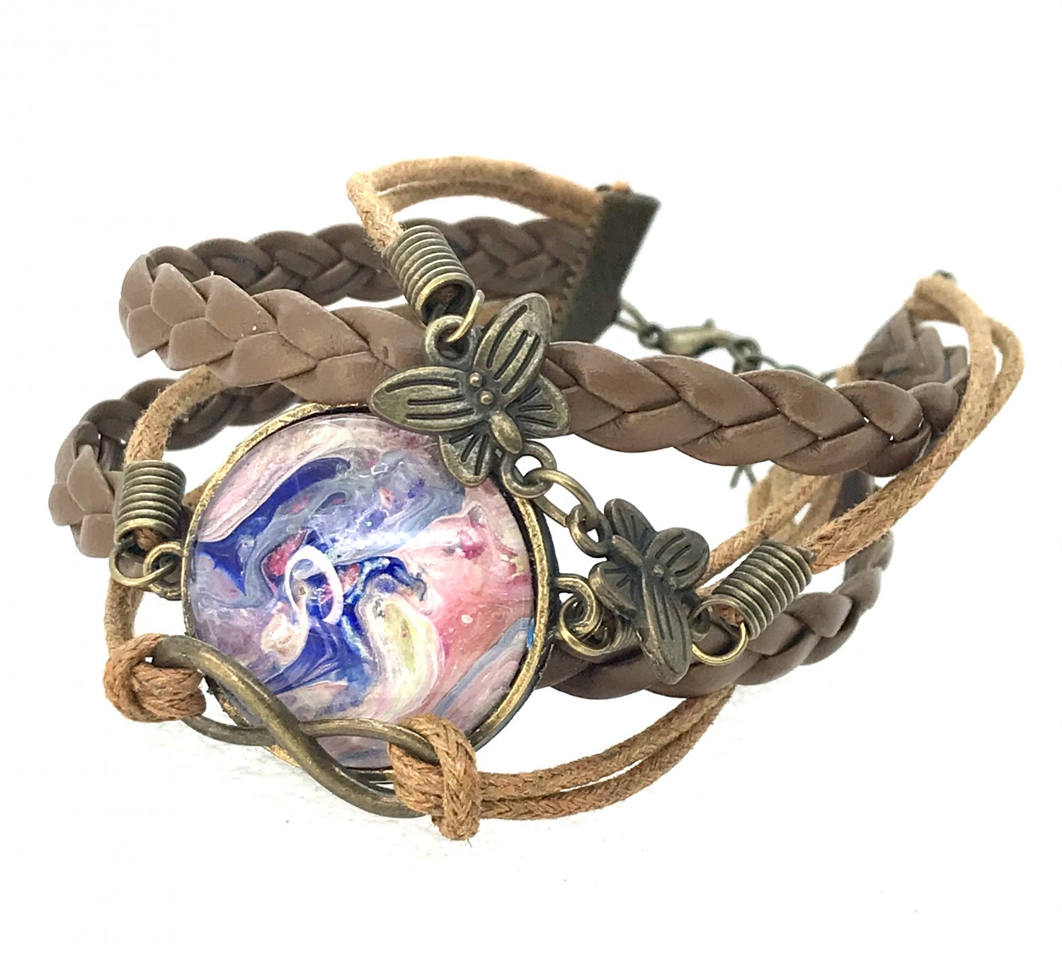 Bracelet leather with charms handmade dome 25mm lobster clasp