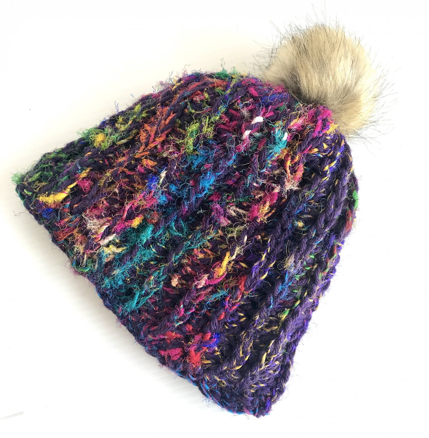 Hand crocheted silk beanie hat with removable Pompom
