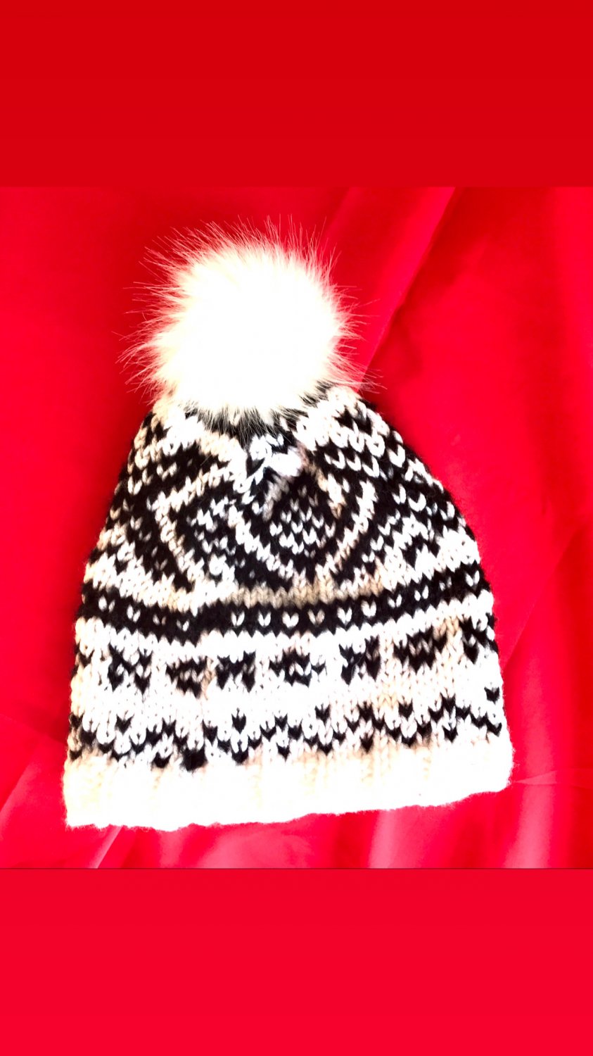 Hand knit Nordic design hat with removable Pompom