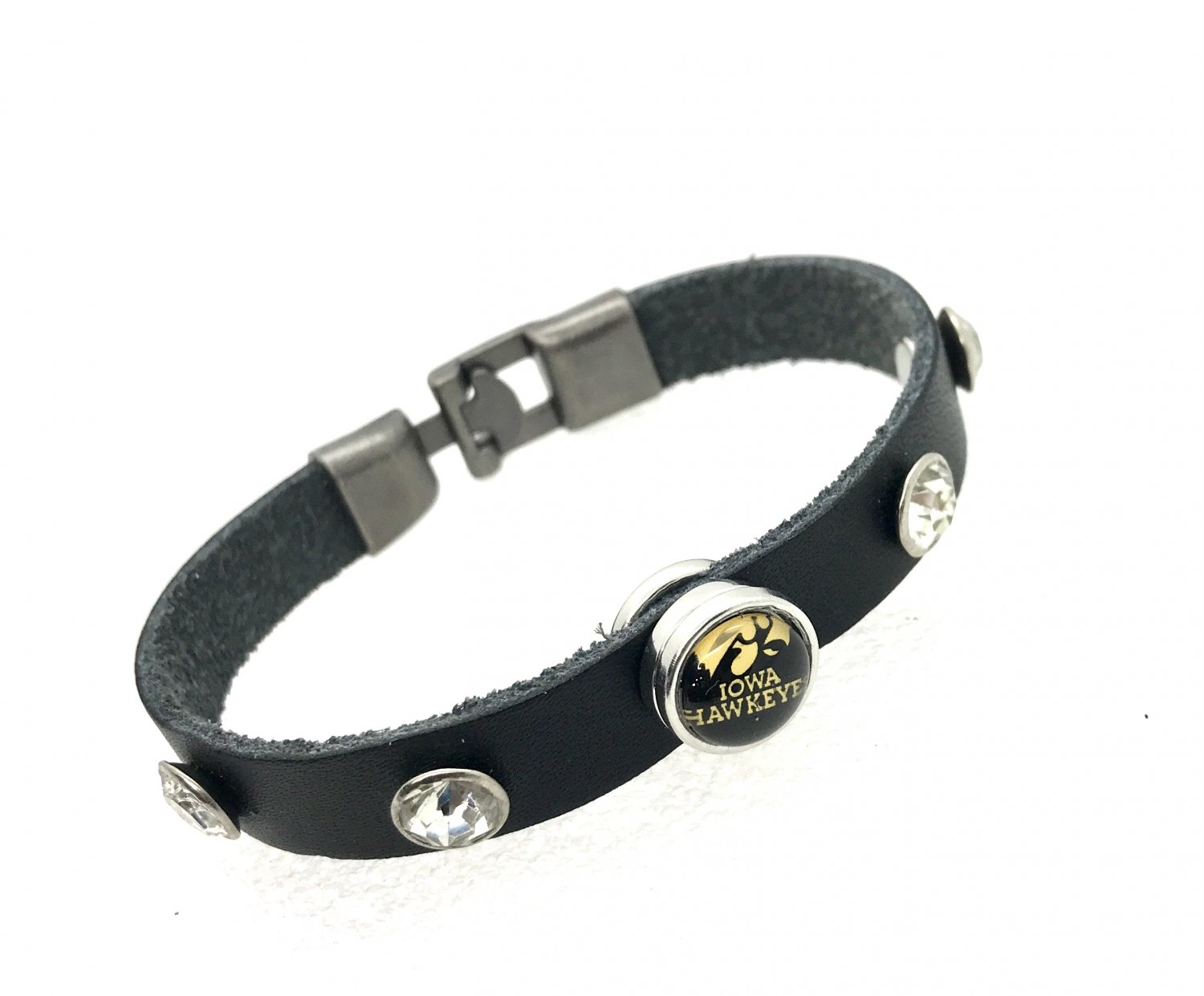 Leather and rhinestones Gingersnaps bracelet with 12mm  Iowa Hawkeyes  mini snap