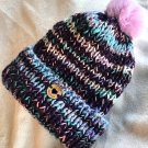 Handcrafted knit hat silk blend multicolored removable Pom Pom