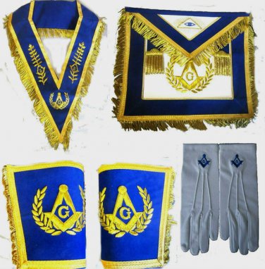 MASONIC REGALIA SET MASTER MASON APRON COLLAR CUFFS & GLOVES PAIR BLUE CP MADE