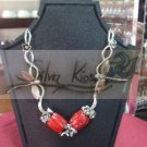 N028 Necklace with silver dragonfly&silver little flowers+red bead