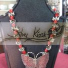 N031 Necklace with butterfly silver pendant with red stone &flowers bead
