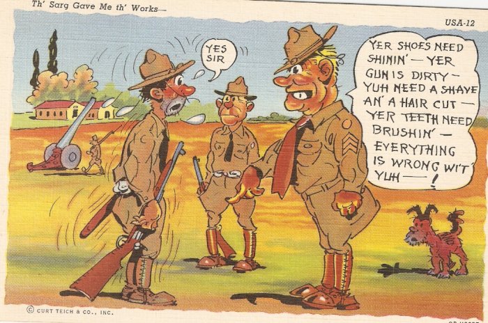 Th Sarg Gave Me Th Works Army Comics WW2 Vintage Postcard