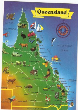 Queensland Australia map vintage postcard
