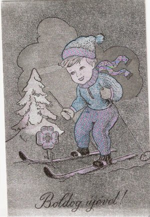 Boldog Ujevet Skiiing Boy Winter Hungarian? Vintage postcard