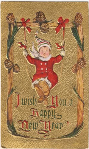 Happy New Year elf Christmas vintage postcard