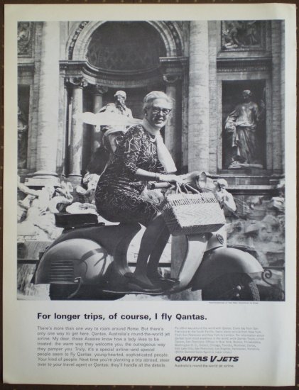 Vintage Qantas V Jets Woman On Motorcycle Scooter 1964 Trevi Fountain