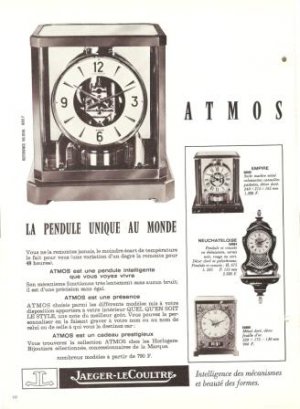 Atmos Clock Jaeger LeCoultre French Vintage Ad 1965