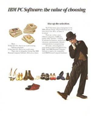 IBM PC Software Value of Choosing Programs That Fit Charlie Chaplin 2-page Vintage Ad 1984 Olympics