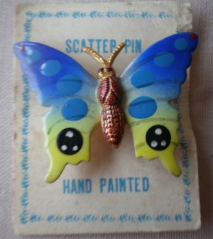 Scatter Pin Lapel Butterfly Blue Hand Painted Vintage Painted Goldtone Metal