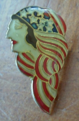 American Flag Lady Figural Pin Enamel Goldtone Metal