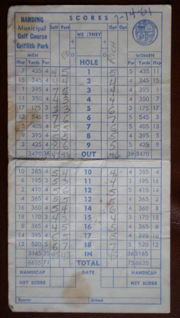 Vintage Golf Scorecard Harding Municipal Golf Course Griffith Park 1961