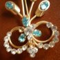 Vintage Brooch Pin Blue Clear Rhinestones Goldtone Metal Broach