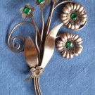 Vintage Brooch Pin Copper Green Rhinestones Floral Bouquet Spray