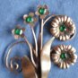 Vintage Brooch Pin Copper Green Rhinestones Floral Bouquet Spray