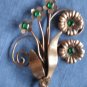 Vintage Brooch Pin Copper Green Rhinestones Floral Bouquet Spray