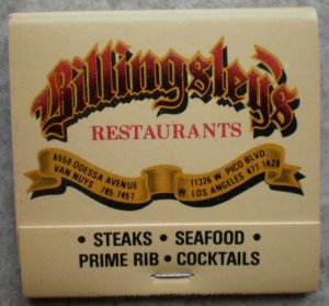 Vintage Matchbook Billingsley's Restaurant Van Nuys LA California Matches