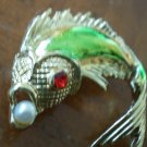 Vintage Fish Brooch Pin Carp Goldtone Metal Red Rhinestone Eye Faux Pearl
