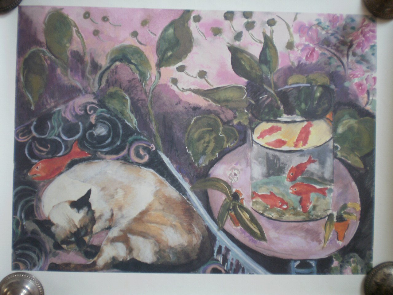 Siamese Cat Goldfish Poster Fish Bowl Sleeping Kitten Print Watercolor