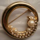 Gold Tone Rhinestone Faux Pearl Pin Brooch Broach Circle