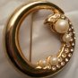 Gold Tone Rhinestone Faux Pearl Pin Brooch Broach Circle