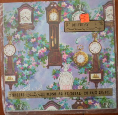Birthday Gift Wrap Charm Craft Clock Grandfather 8.35ft Vintage Wrapper 2 sheets