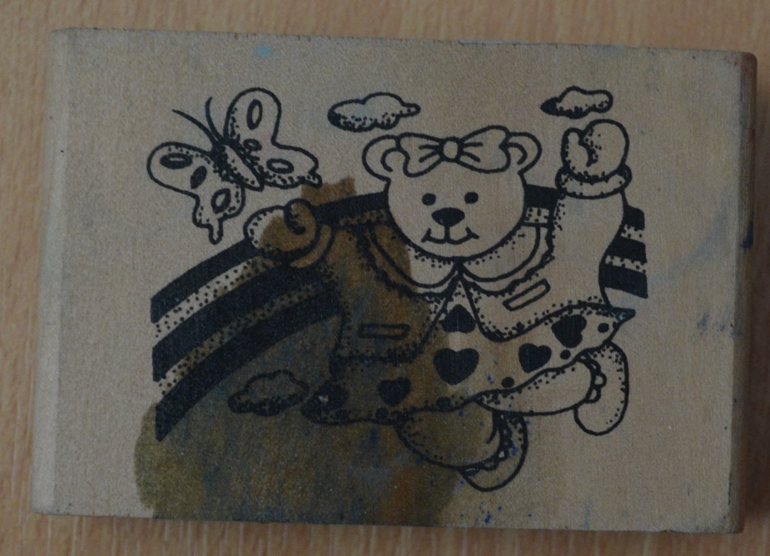 Rubber Stamp Teddy Bear Butterfly Rainbow Wood Mounted