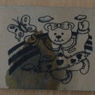 Rubber Stamp Teddy Bear Butterfly Rainbow Wood Mounted