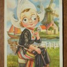 Holland Postcard Googly Eyes Dutch Girl Windmill 1955 Netherlands Dutch