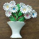 Vintage Enamel Pin Brooch Flower Pot Vase Daisy White Rhinestones Bouquet
