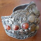 Cuff Bracelet Silvertone Metal Real Stones Wide Vintage Flowers Bangle