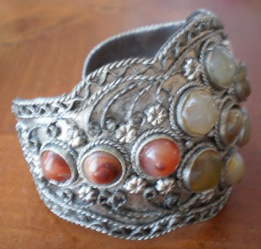 Cuff Bracelet Silvertone Metal Real Stones Wide Vintage Flowers Bangle
