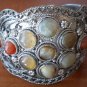 Cuff Bracelet Silvertone Metal Real Stones Wide Vintage Flowers Bangle