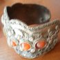 Cuff Bracelet Silvertone Metal Real Stones Wide Vintage Flowers Bangle
