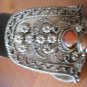 Cuff Bracelet Silvertone Metal Real Stones Wide Vintage Flowers Bangle