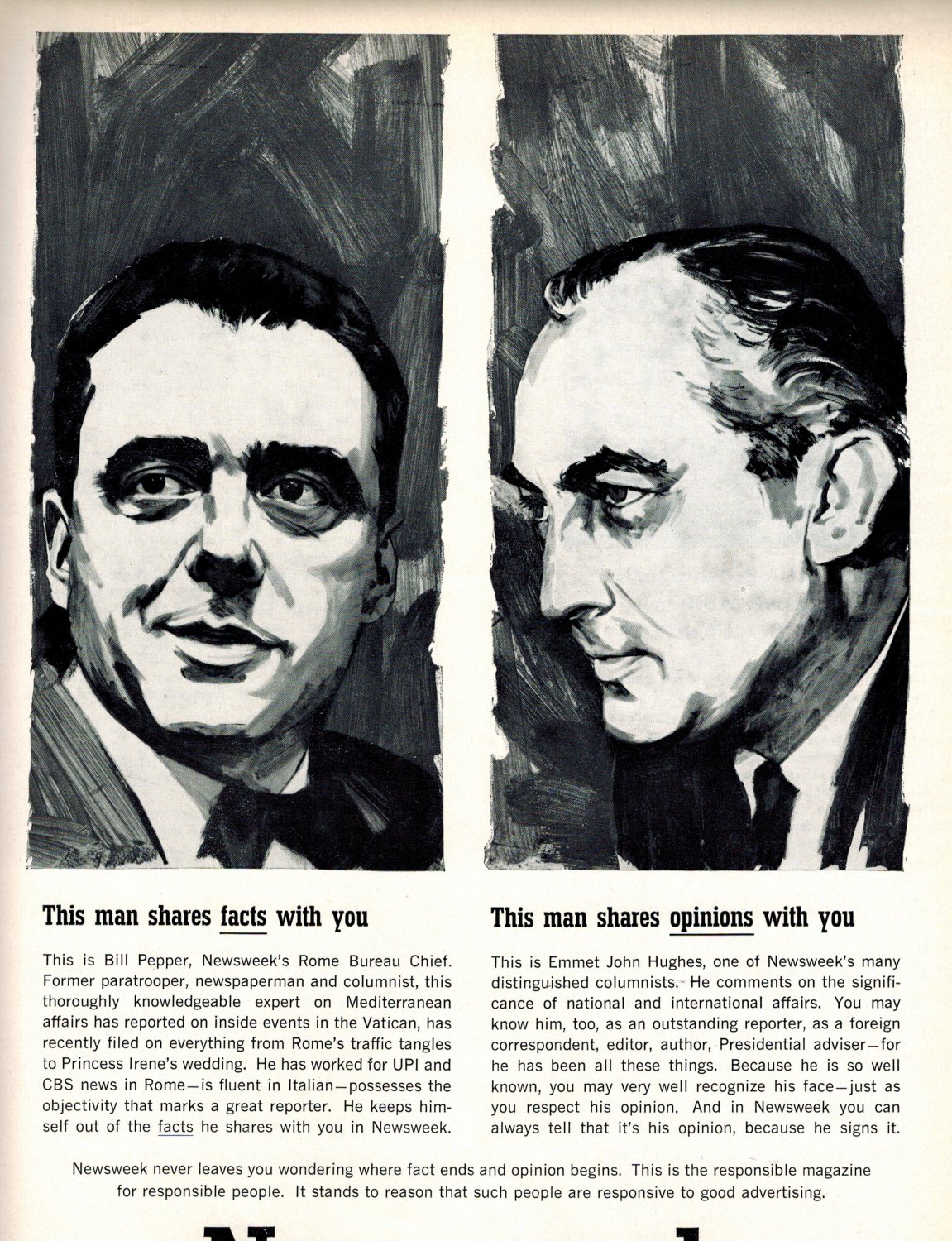 NEWSWEEK Vintage Print Ad Fact Opinion 1960s Bill Pepper Emmet John Hughes