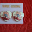 Vintage Cloisonne Earrings Heart White Pink Red Pierced on Card Butterfly