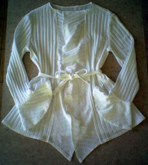 Misses White Wrap Jacket with Tie and Flounces on Sleeves and Front Edges - Size Medium