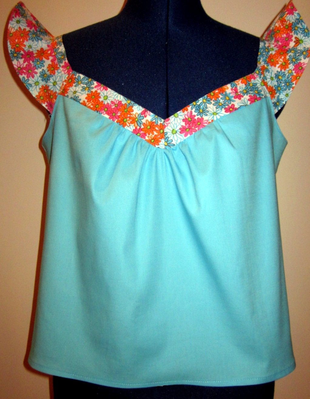Misses Blue Cami with Flounce Sleeves and Floral Trim