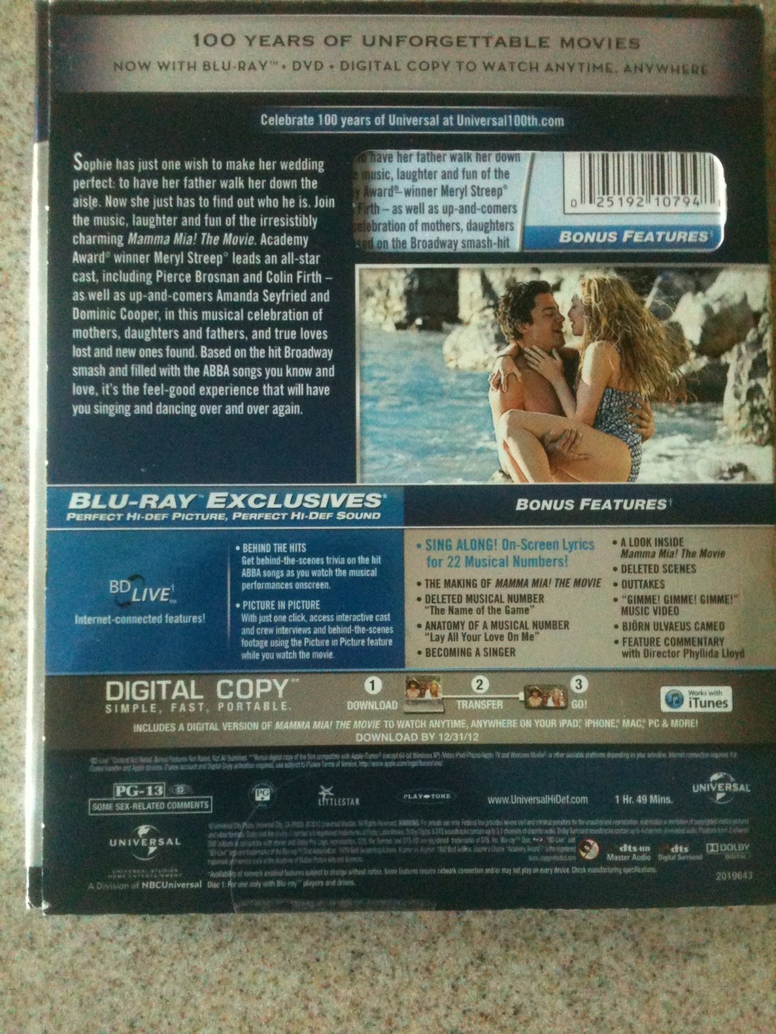 Mamma Mia Blu Raydvd 2011 2 Disc Set Universal 100th Anniversary Slipcover 1266