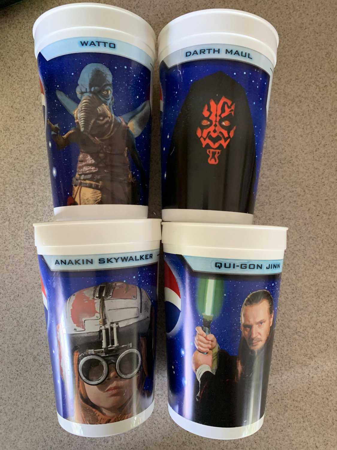 Lot of 4 Star Wars Episode I Pepsi Plastic Cups. Darth Maul, Watto, Qui-Gon Jinn