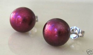 7.5-8M Wine Red Cultured Pearl Sterling Silver Earrings