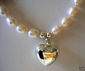 White Cultured Pearl Necklace with Silver Heart Pendant