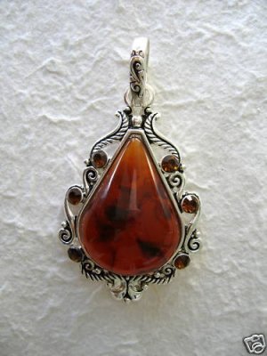 Faux Amber & Crystal Silver Tone Pendant 3.25"