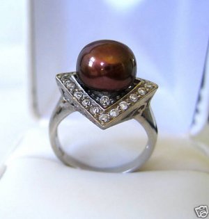10-11M CULTURED BROWN PEARL & CZ ART DECO RING
